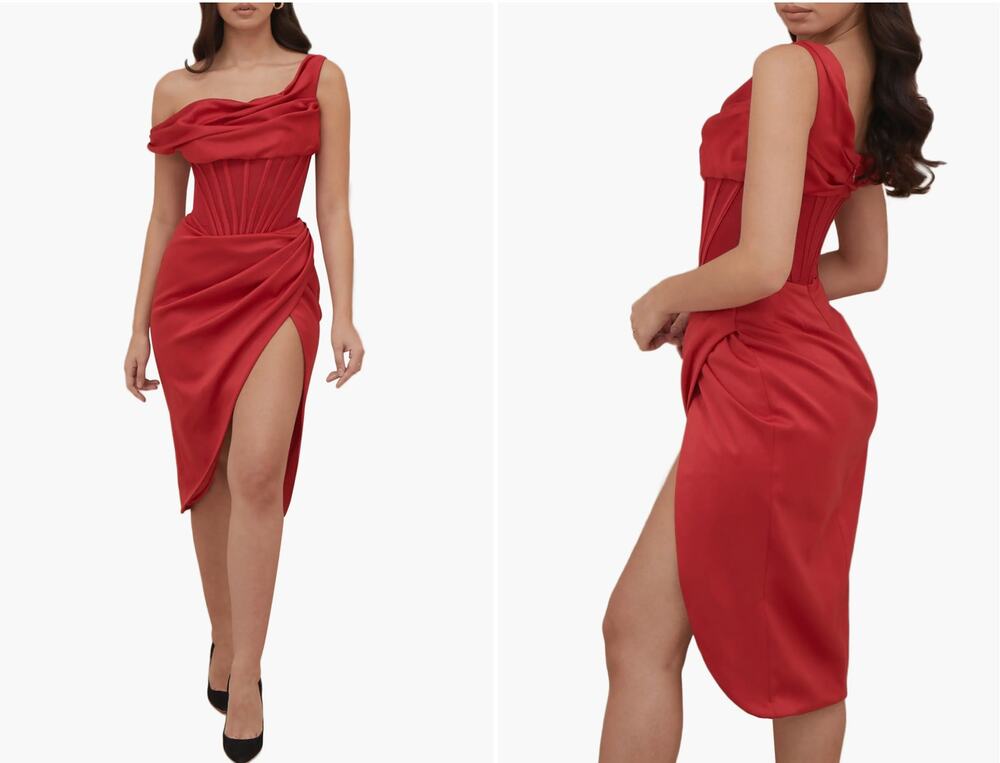 House of CB Lulu Corset One-Shoulder Satin Midi Dress sz. XS